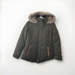 Free Country Winter Jacket Coat Faux Fur Hood Size Medium Dark Green - Warm